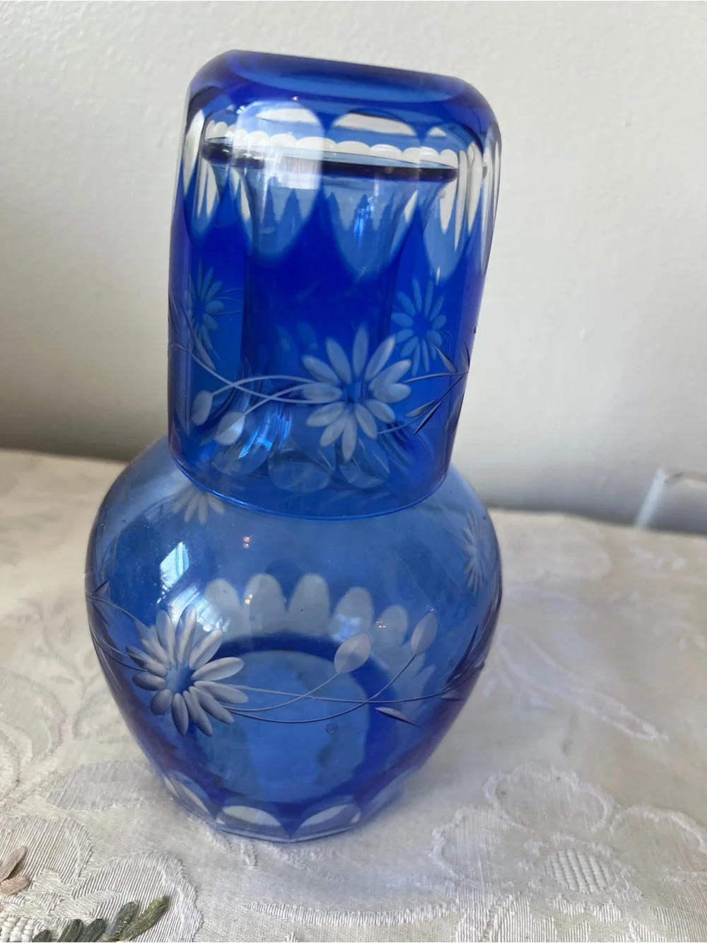 Vintage Bohemian Glass Cobalt Blue Cut To Clear 2pc Guest Water Set Tumblr Up